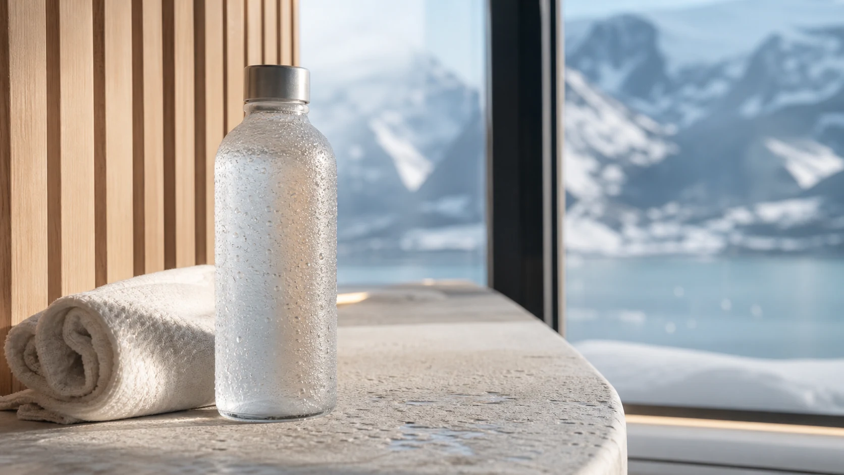 Elektrolyt-Wasser nach der Sauna auf einer Steinbank