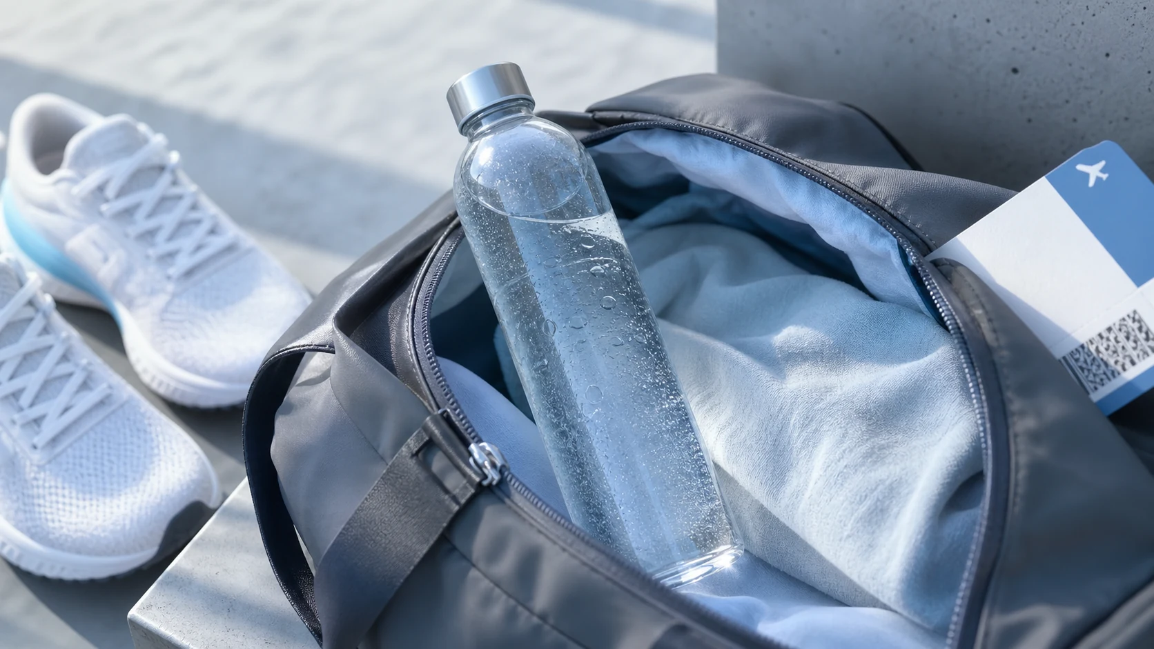 Elektrolyt-Wasser in Gym-Bag mit Reise- und Sportkontext